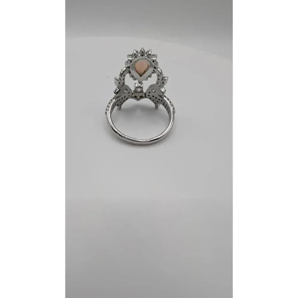 Elegant Opal and Crystal Silver Ring Size 9